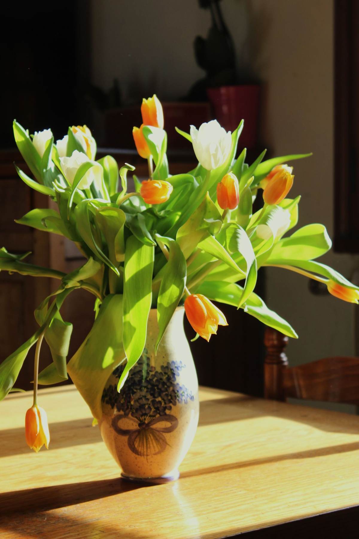 Tulipaner og grene i gyldent lys