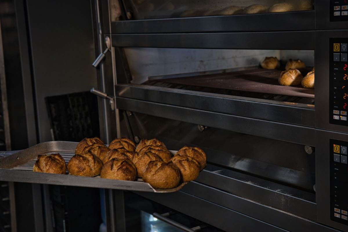 Bakke med boller trukket ud af en bageovn