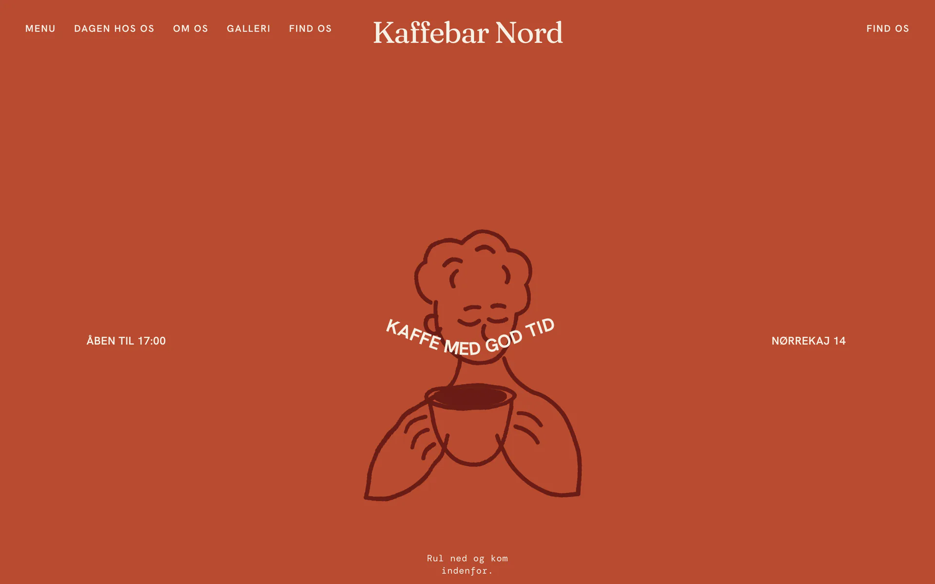 Forsiden af designet Morgensol, vist med eksempelsiden Kaffebar Nord, en opdigtet side for kaffebar