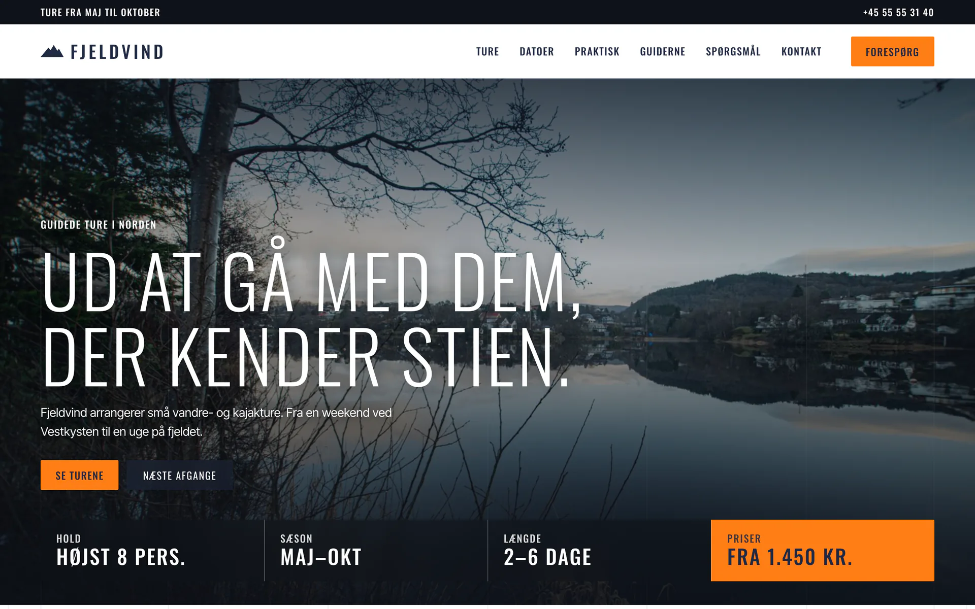 Forsiden af designet Nordvild, vist med eksempelsiden Fjeldvind Friluftsrejser, en opdigtet side for friluftsrejser