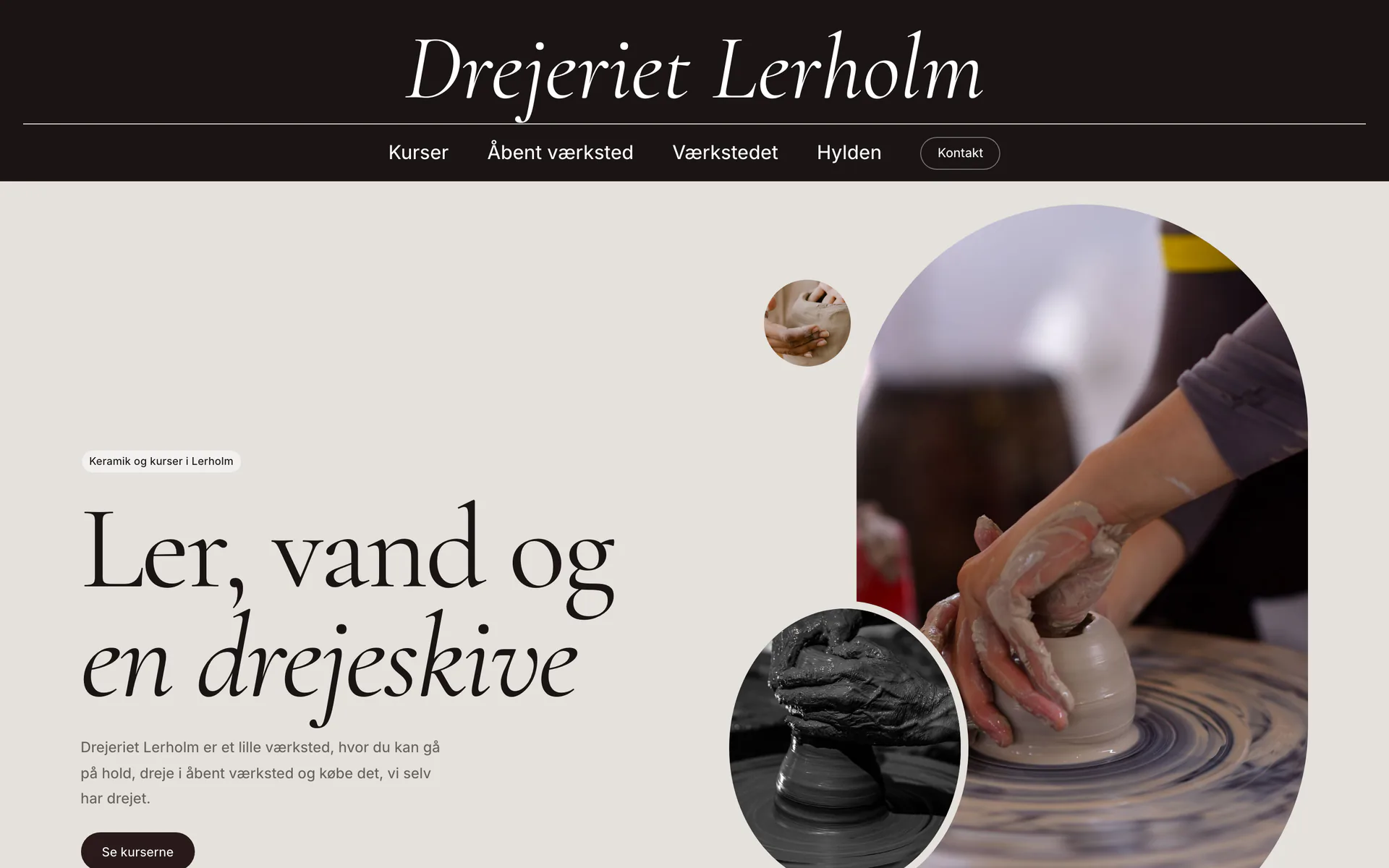 Forsiden af designet Galleri i buer, vist med eksempelsiden Drejeriet Lerholm, en opdigtet side for keramikværksted