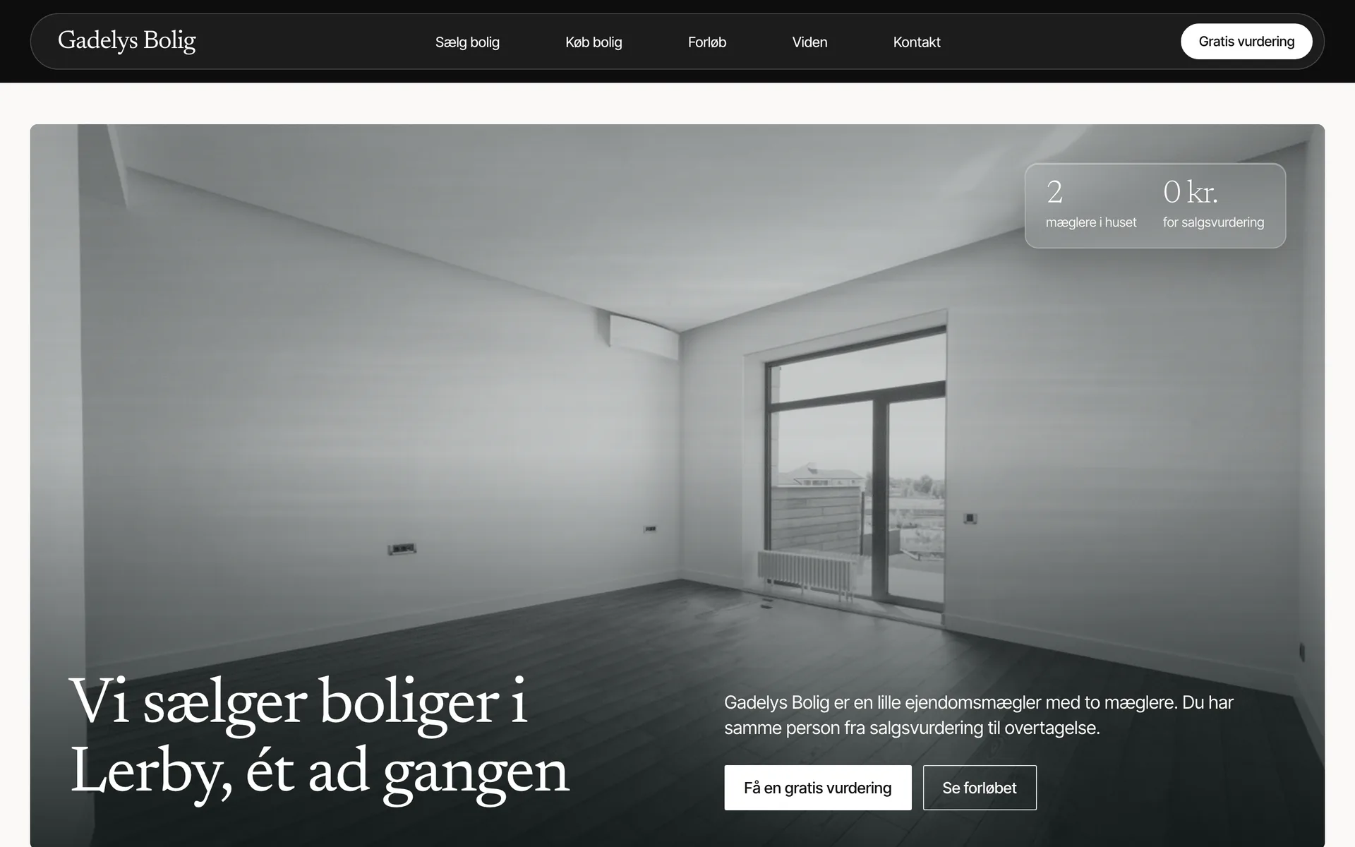 Forsiden af designet Tavshedspligt, vist med eksempelsiden Gadelys Bolig, en opdigtet side for ejendomsmægler