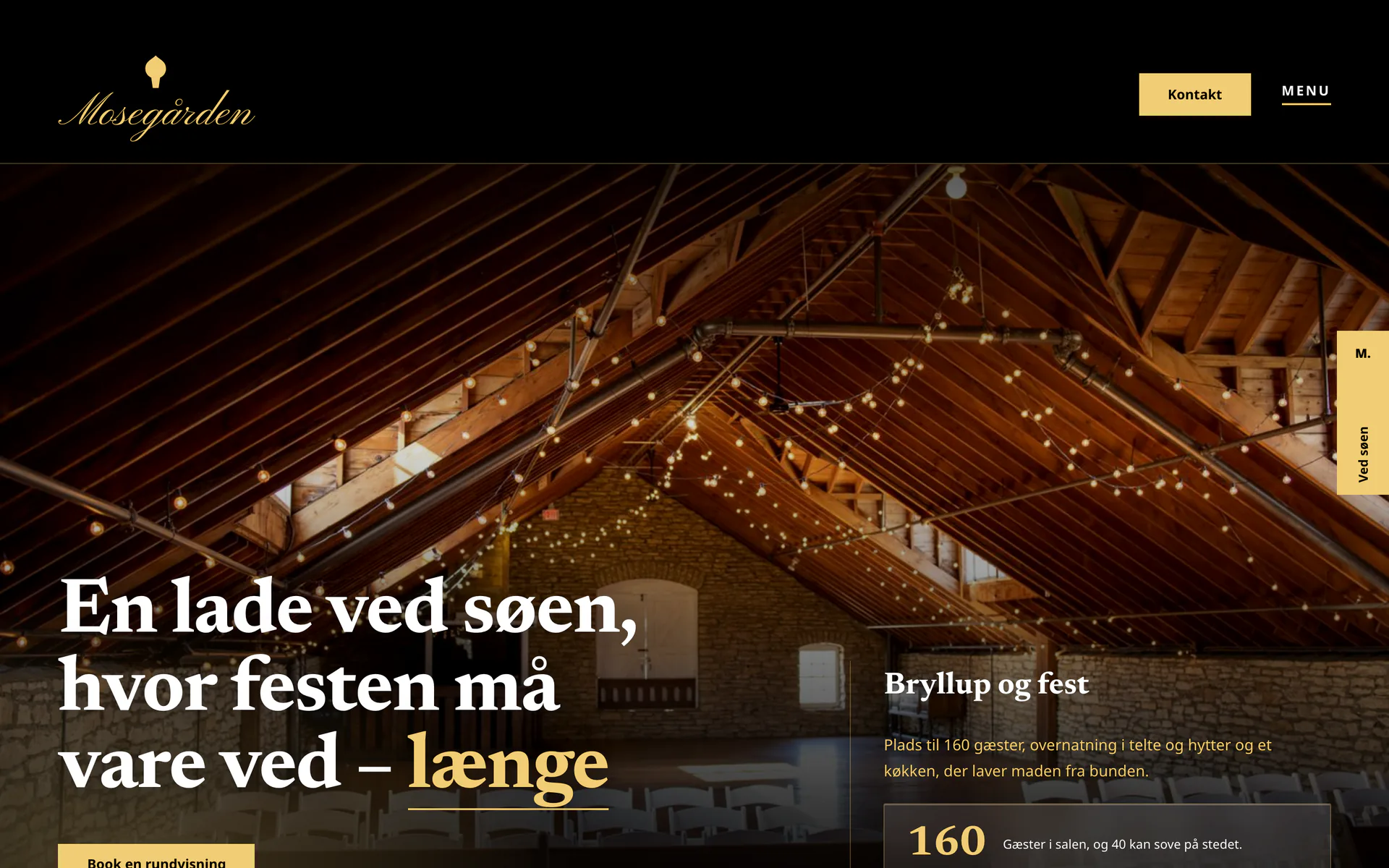 Forsiden af designet Sort og guld, vist med eksempelsiden Mosegårdens Lade, en opdigtet side for bryllupssted