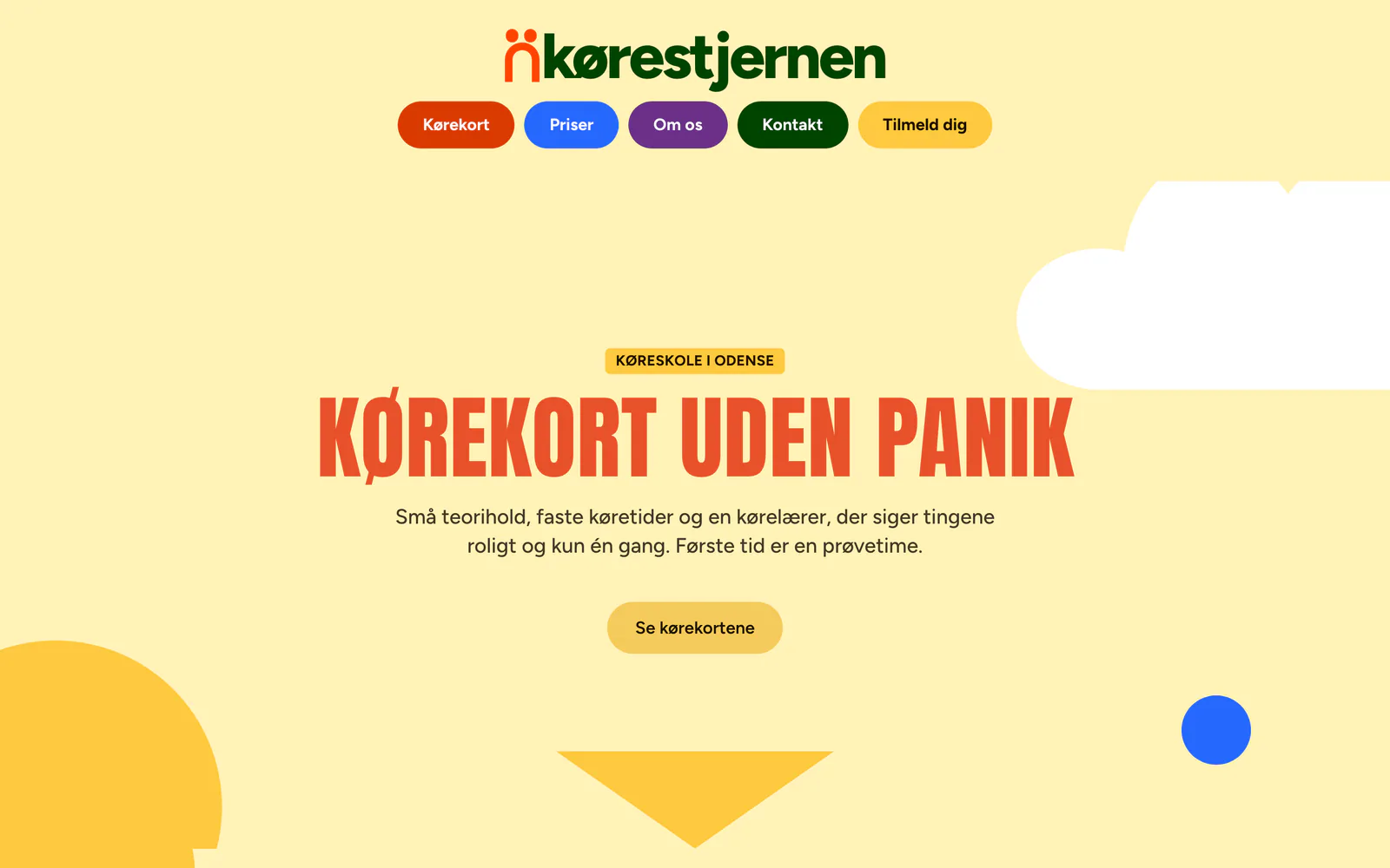 Forsiden af eksempelsiden Kørestjernen Køreskole, en opdigtet side for køreskole