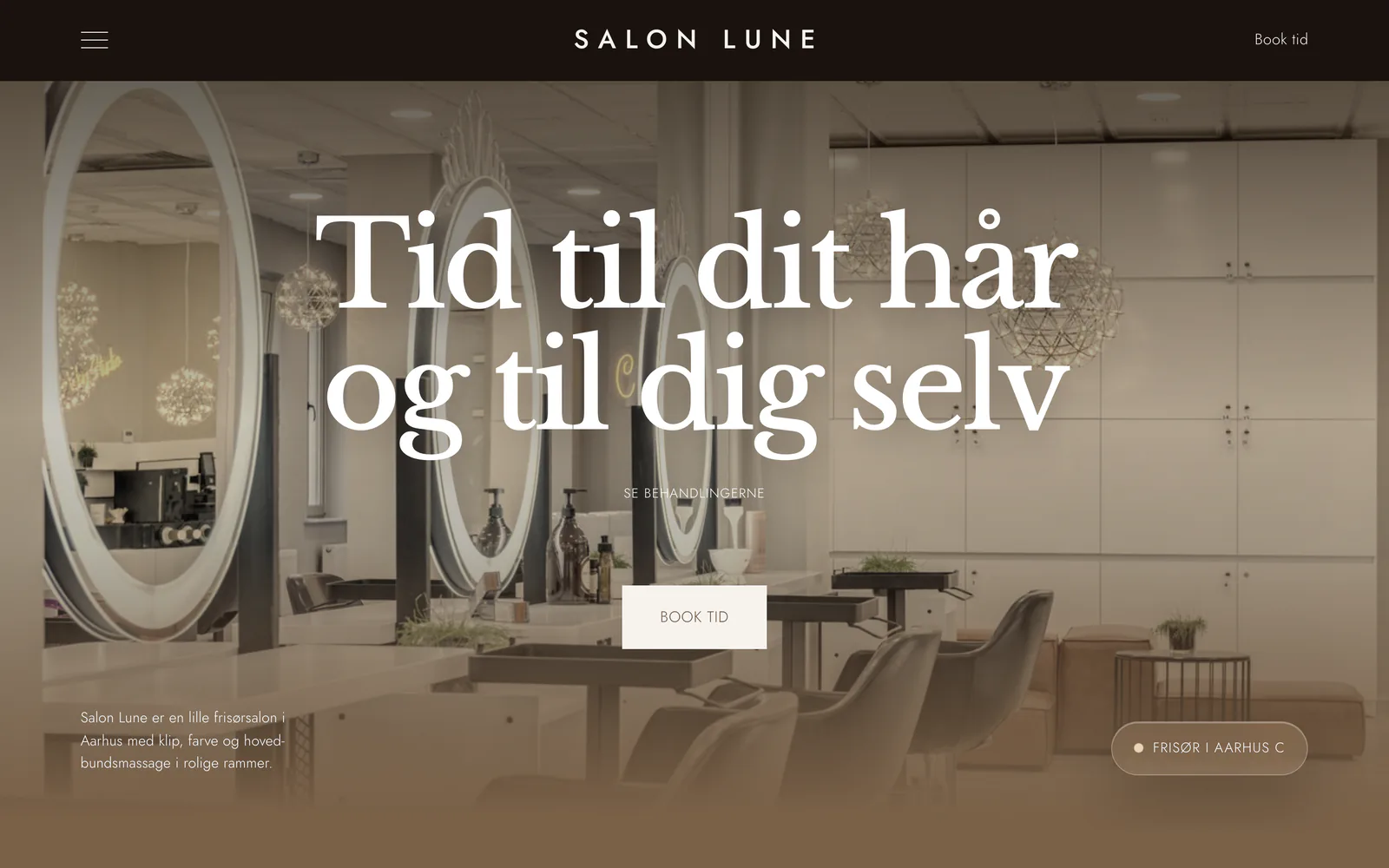 Forsiden af eksempelsiden Salon Lune, en opdigtet side for frisørsalon