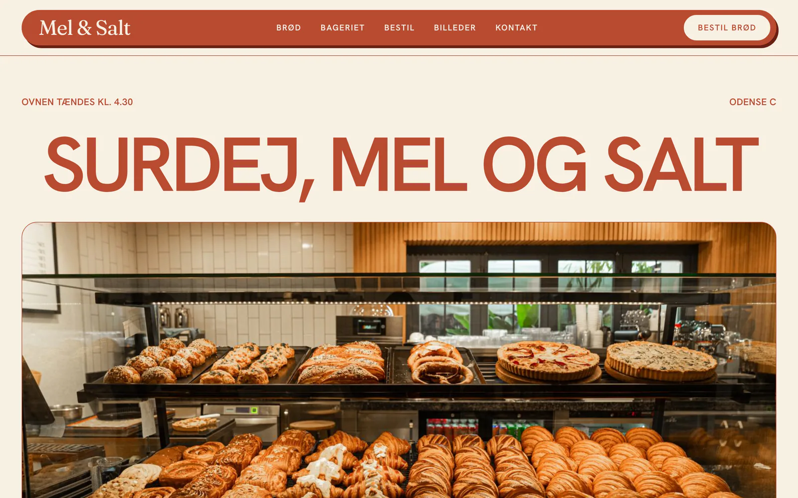 Forsiden af eksempelsiden Mel & Salt Bageri, en opdigtet side for bageri