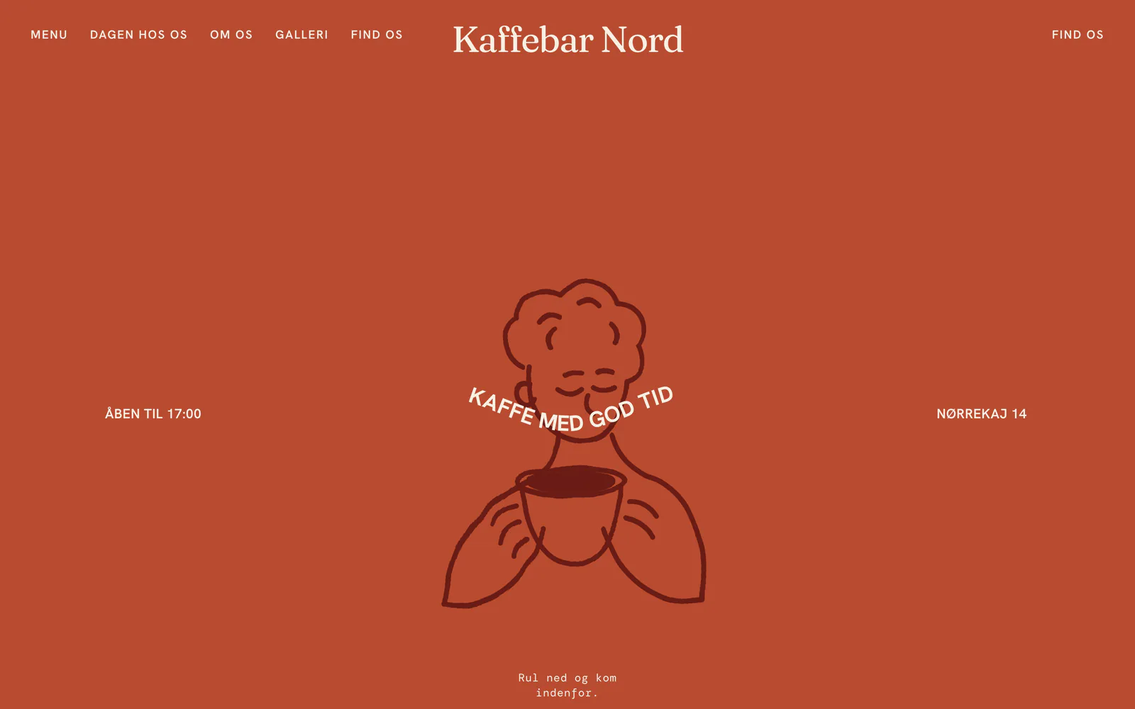 Forsiden af eksempelsiden Kaffebar Nord, en opdigtet side for kaffebar