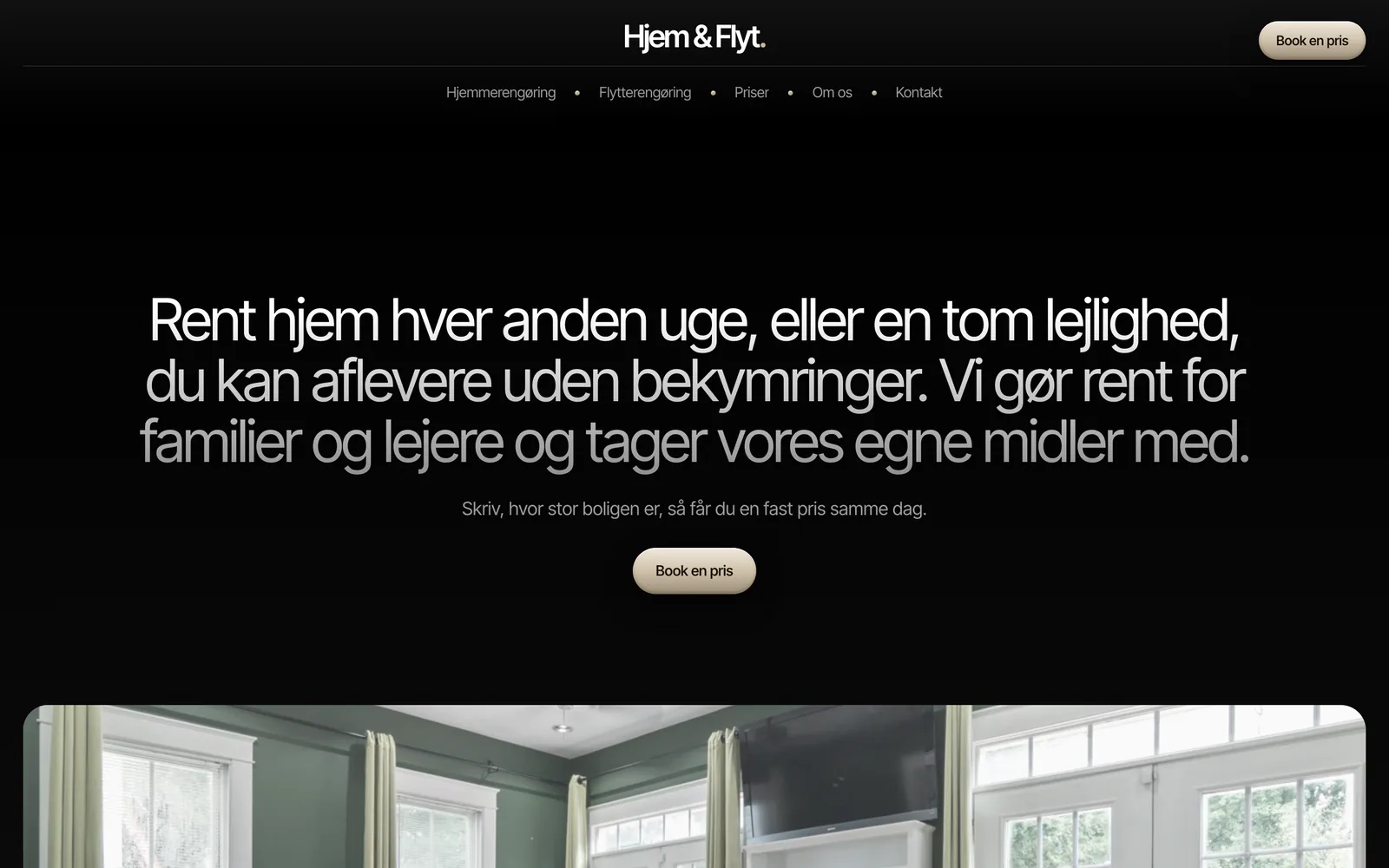 Forsiden af eksempelsiden Hjem & Flyt Rengøring, en opdigtet side for rengøring