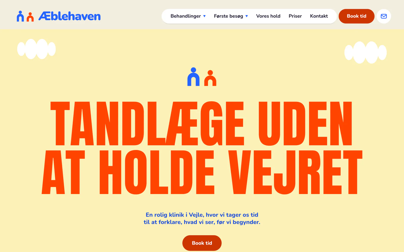 Forsiden af eksempelsiden Tandlægerne ved Æblehaven, en opdigtet side for tandlæge