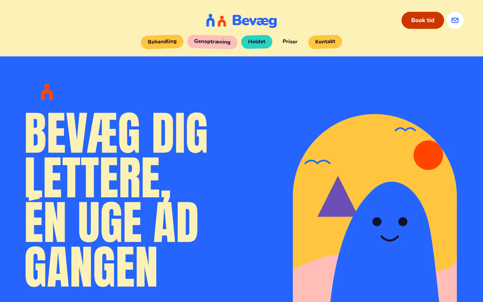 Forsiden af eksempelsiden Bevæg Fysioterapi, en opdigtet side for fysioterapi