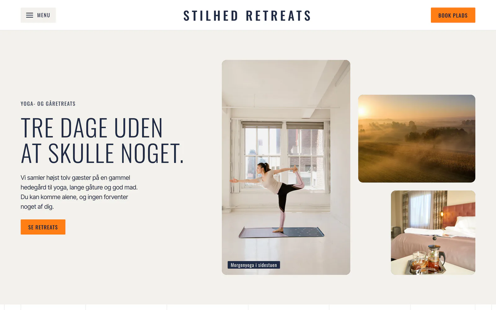 Forsiden af eksempelsiden Stilhed Retreats, en opdigtet side for yoga- og gåretreats