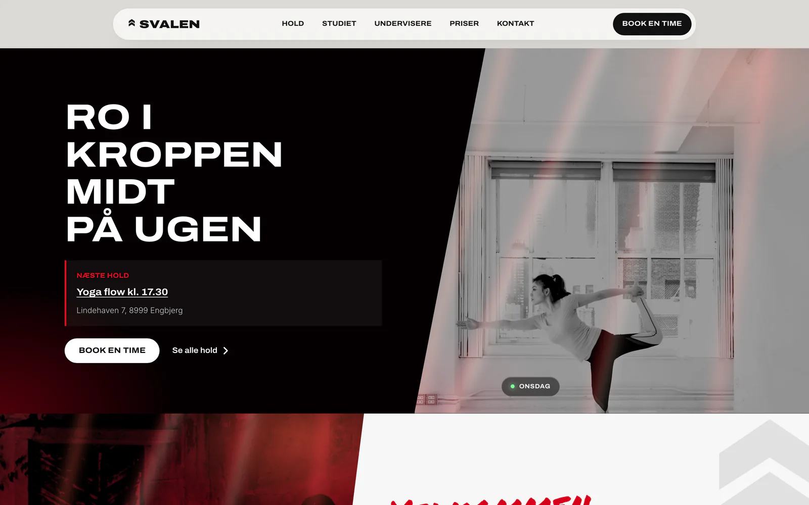 Forsiden af eksempelsiden Svalen Yoga & Pilates, en opdigtet side for yoga- og pilatesstudie