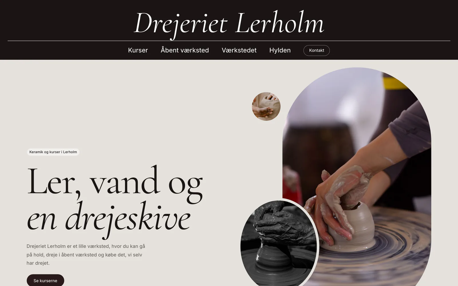 Forsiden af eksempelsiden Drejeriet Lerholm, en opdigtet side for keramikværksted