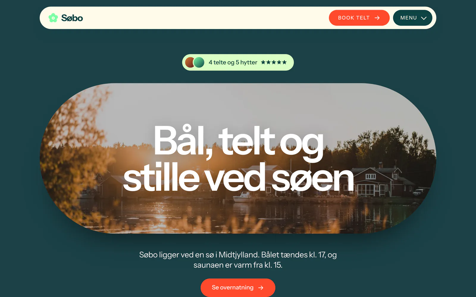 Forsiden af eksempelsiden Søbo Glamping, en opdigtet side for glamping og hytter