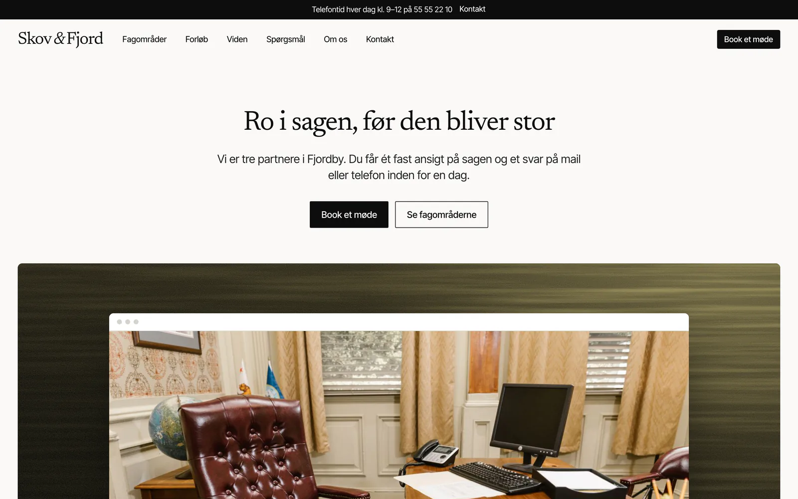 Forsiden af eksempelsiden Skov & Fjord Advokater, en opdigtet side for advokatkontor