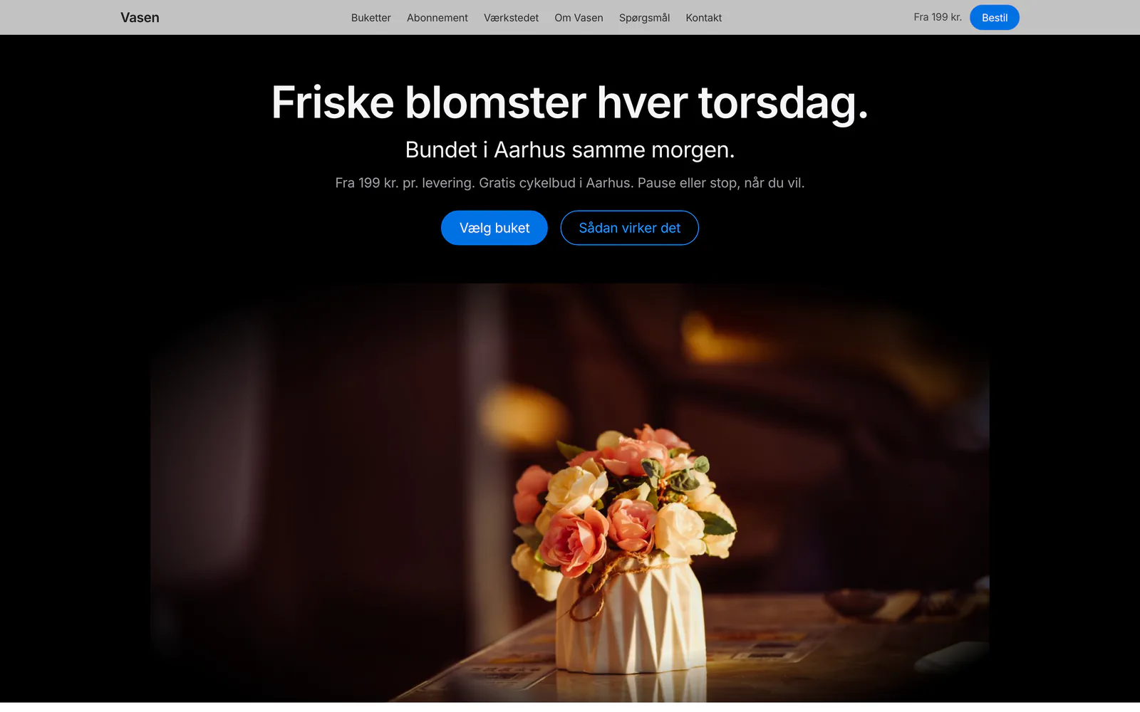 Forsiden af eksempelsiden Vasen, en opdigtet side for blomsterabonnement