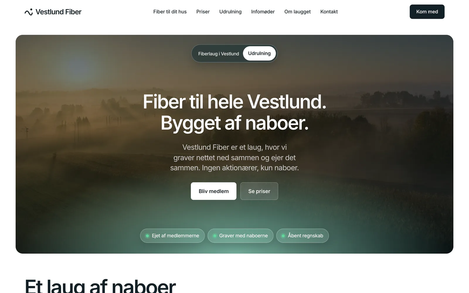 Forsiden af eksempelsiden Vestlund Fiber, en opdigtet side for fiberlaug
