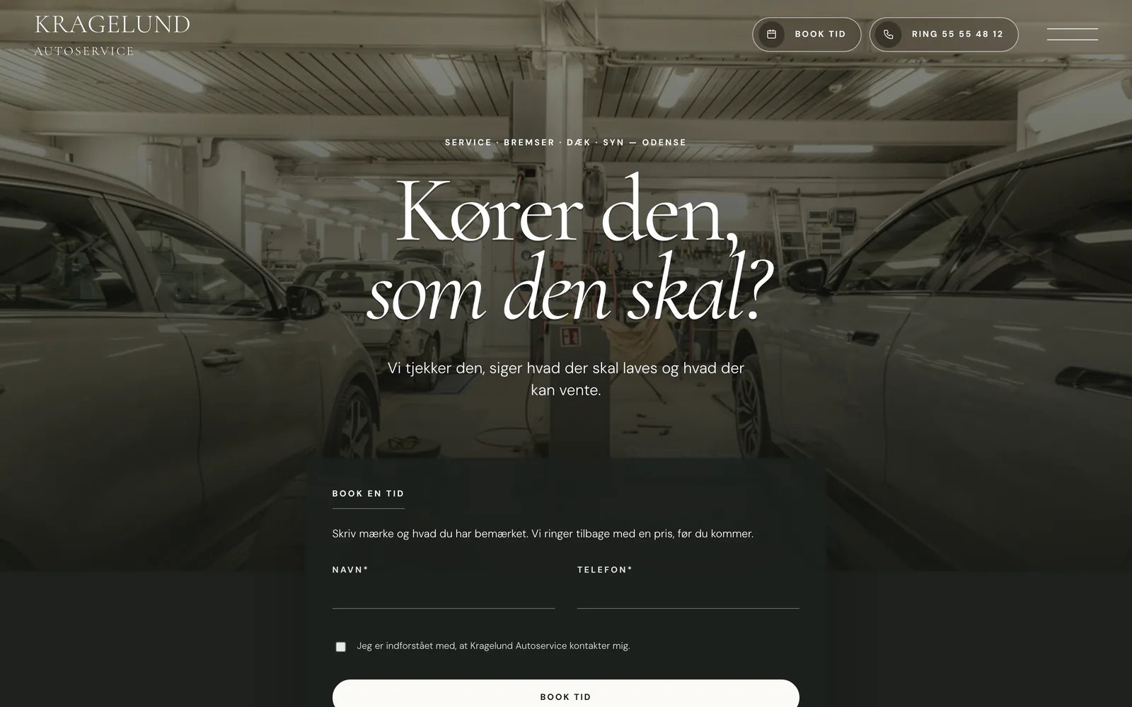 Forsiden af eksempelsiden Kragelund Autoservice, en opdigtet side for autoværksted