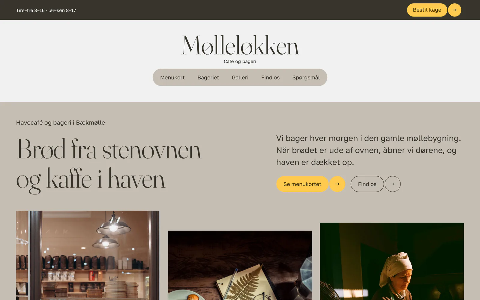 Forsiden af eksempelsiden Mølleløkken Havecafé og Bageri, en opdigtet side for café og bageri