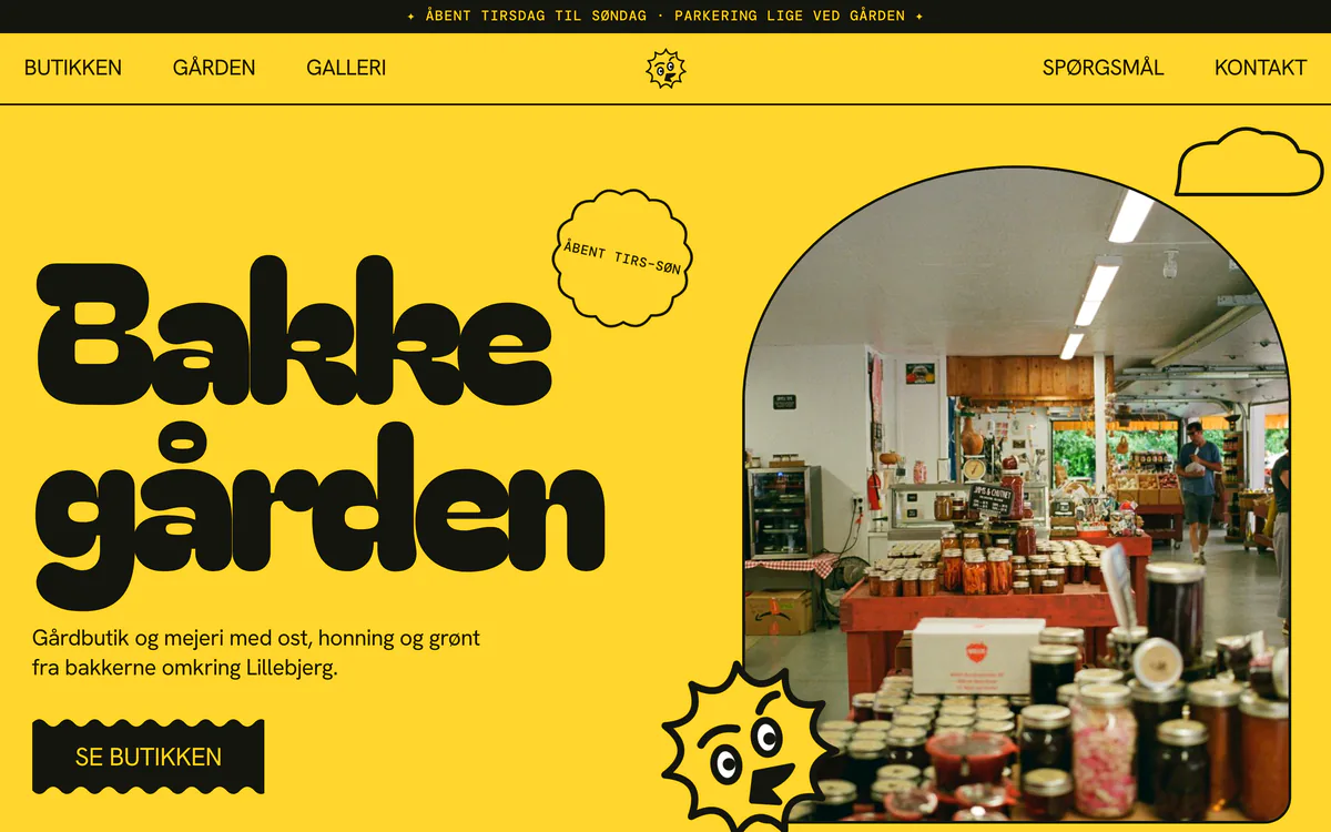 Forsiden af eksempelsiden Bakkegaarden, en opdigtet side for gårdbutik og mejeri