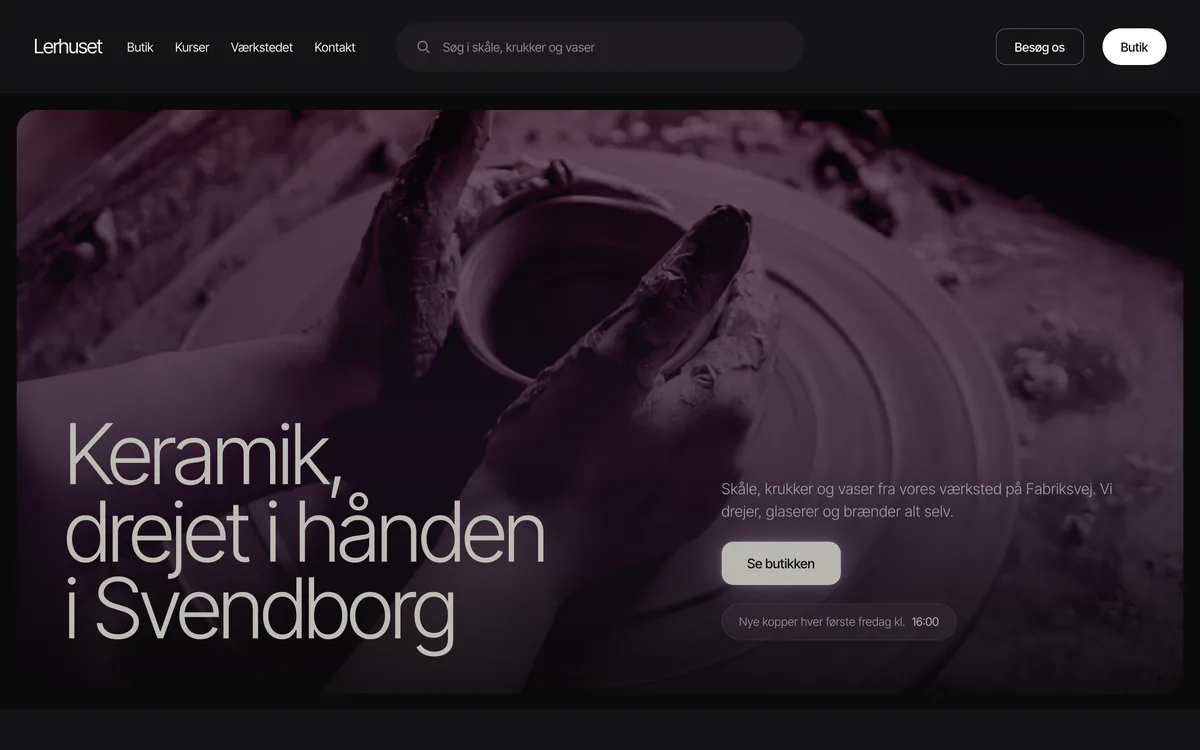 Forsiden af eksempelsiden Lerhuset Keramik, en opdigtet side for keramik og kunsthåndværk