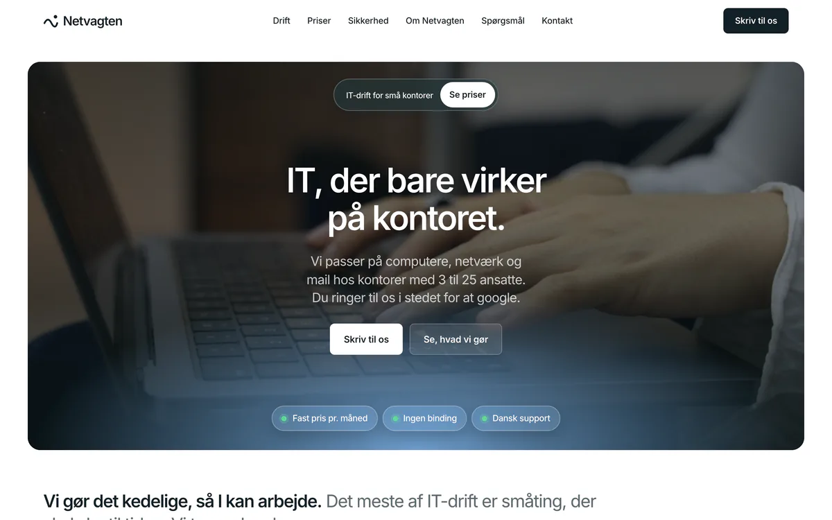 Forsiden af eksempelsiden Netvagten, en opdigtet side for it-drift for små kontorer