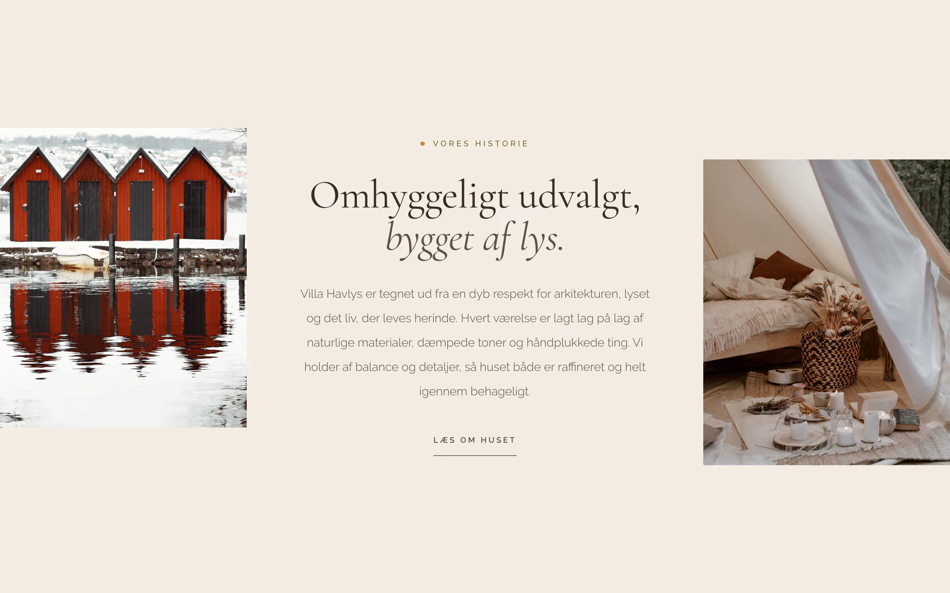 Om os-sektion i designet Havlys: Omhyggeligt udvalgt,bygget af lys.