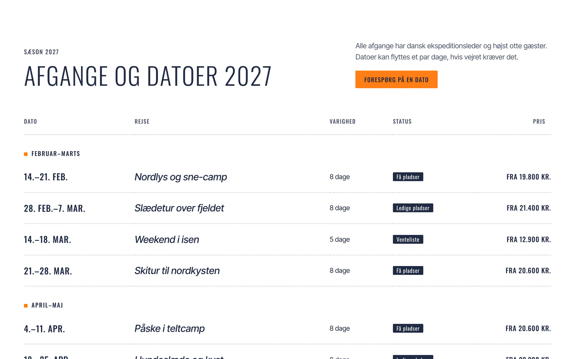 Begivenheder i designet Nordvild: Afgange og datoer 2027
